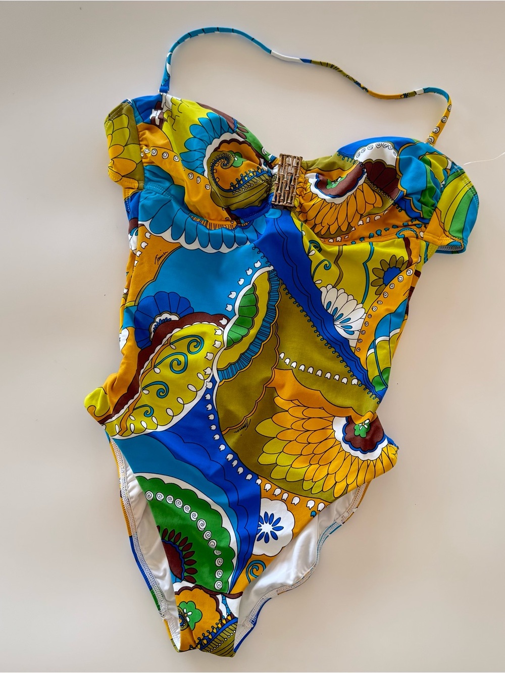 Trina Turk One Piece Swimsuit Womens M Bandeau Halter Paisley Bamboo Hardware - Picture 1 of 11